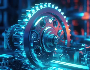 Illuminated gears and machinery in blue light.