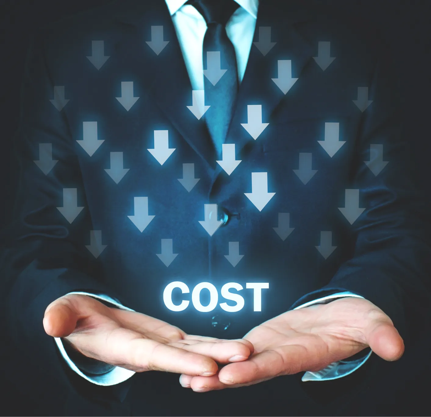 Businessman with downward arrows illustrating cost reduction.