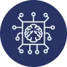 Blue circuit board with brain icon for AI concept.
