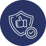 Blue approval shield icon with thumbs-up and checkmark