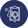 Icon of clipboard with magnifying glass and alert symbol.